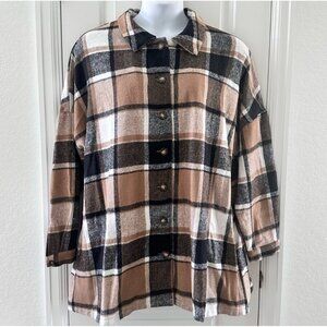 Plaid Button-Up Shirt Jacket 2XL Brown Black White Polyester
